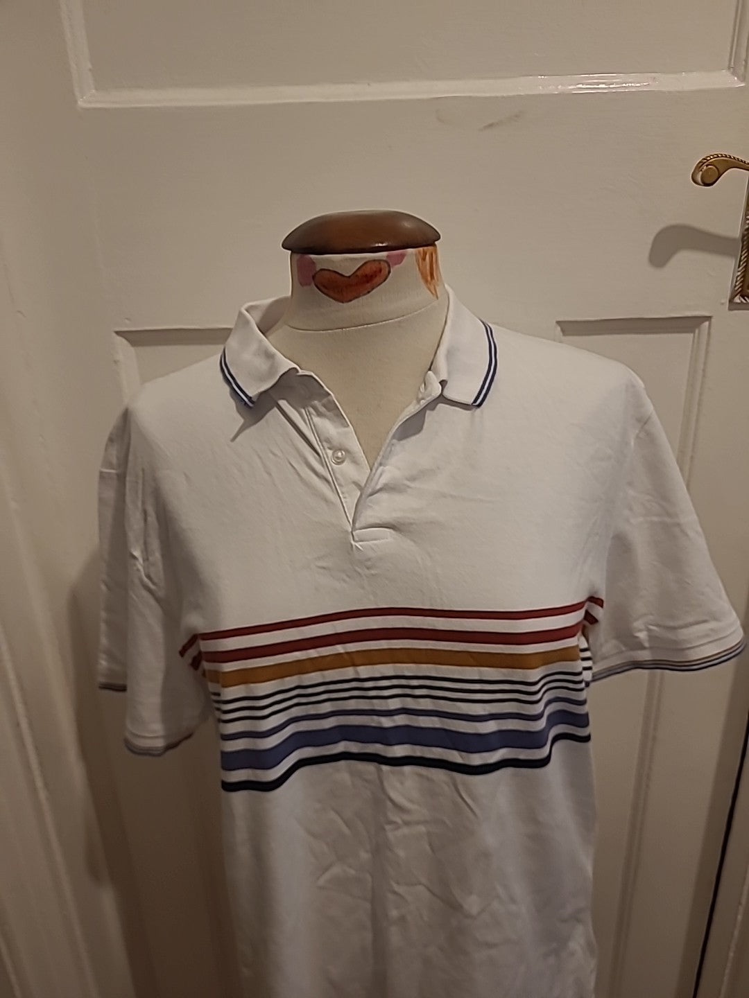 Mens Next Size Large Regular Fit White/Red/Green Short Sleeved Polo