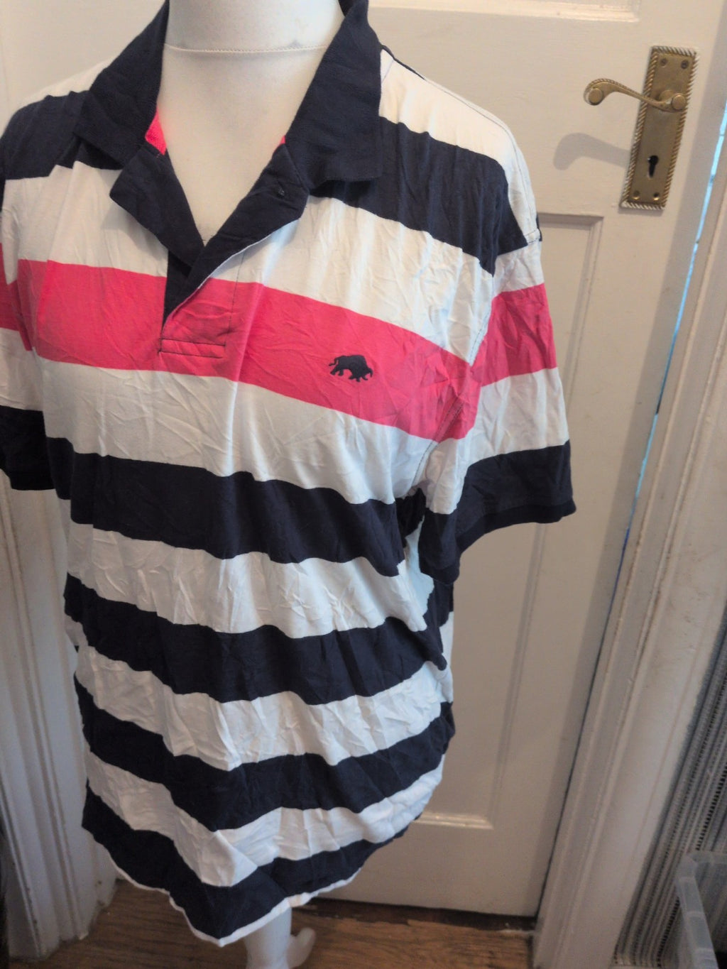 Mens Raging Bull Size XL Navy Pink And White Strip Short Sleeve Polo