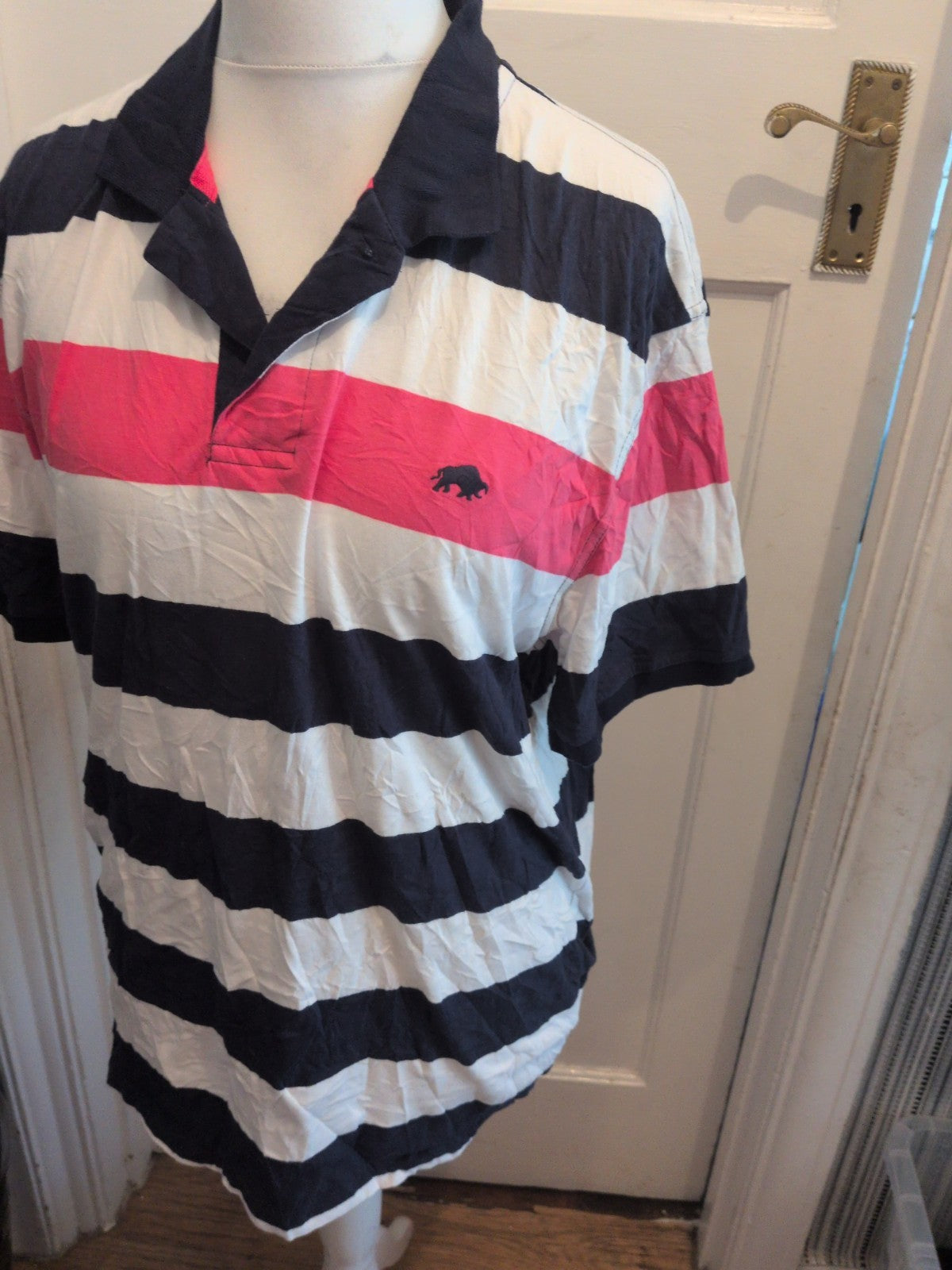 Mens Raging Bull Size XL Navy Pink And White Strip Short Sleeve Polo