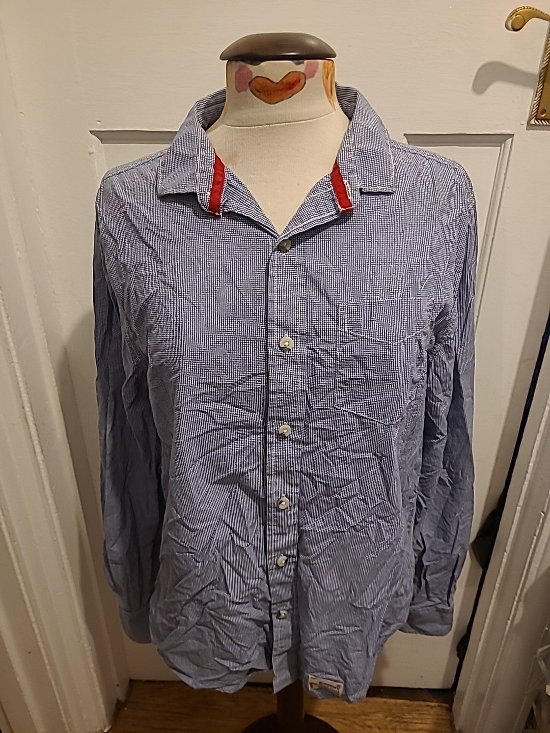 Mens Superdry Size XL Blue/White Check Cut Collar Long Sleeved Shirt