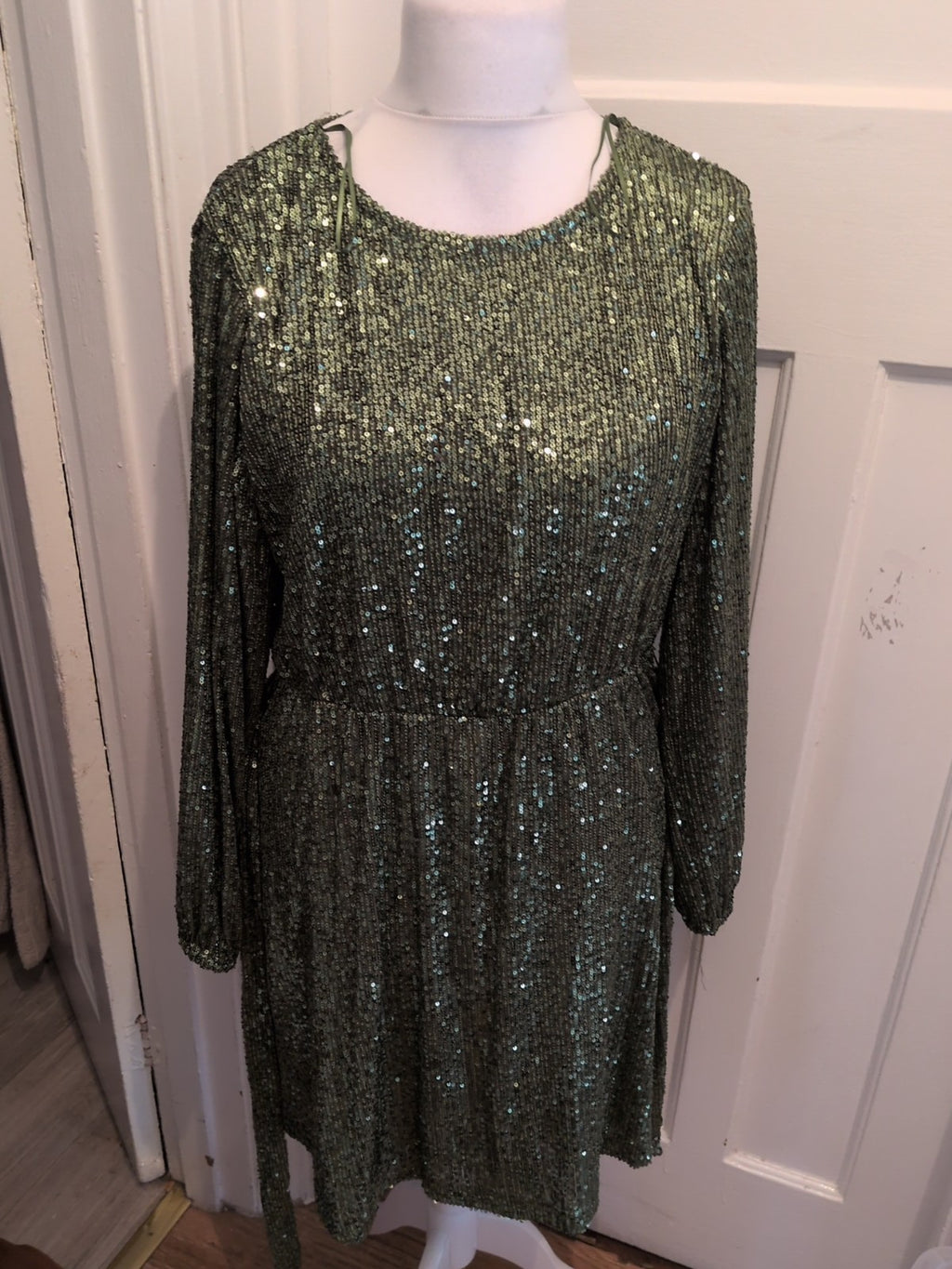 George 14 Green Sequin Covered Lined Long Sleeve Dress