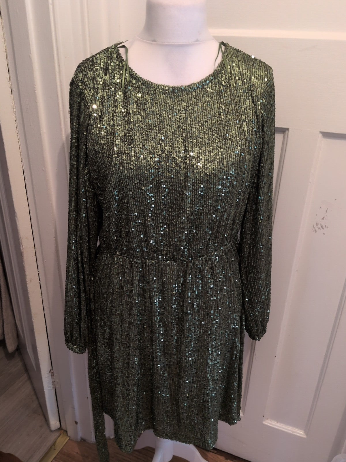 George 14 Green Sequin Covered Lined Long Sleeve Dress