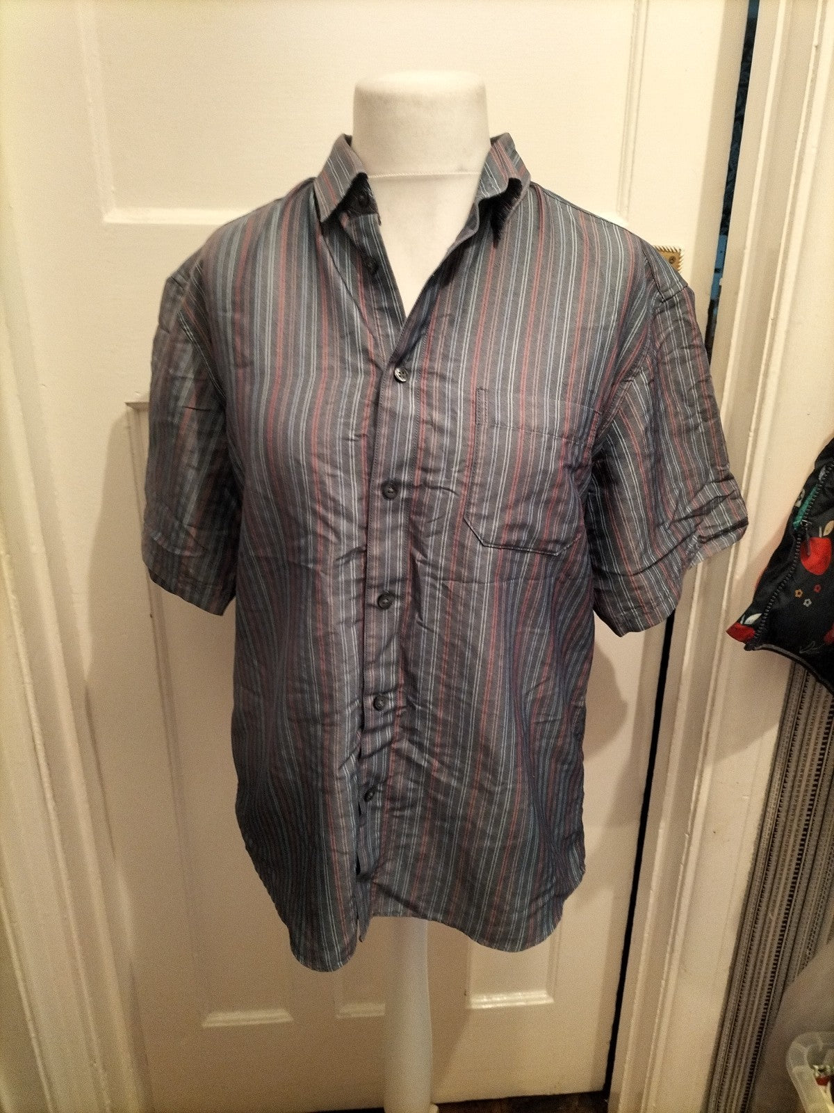 Mens M&S Size L Reg Fit Navy Blue With Multi Stripes Short Sleeved Shirt