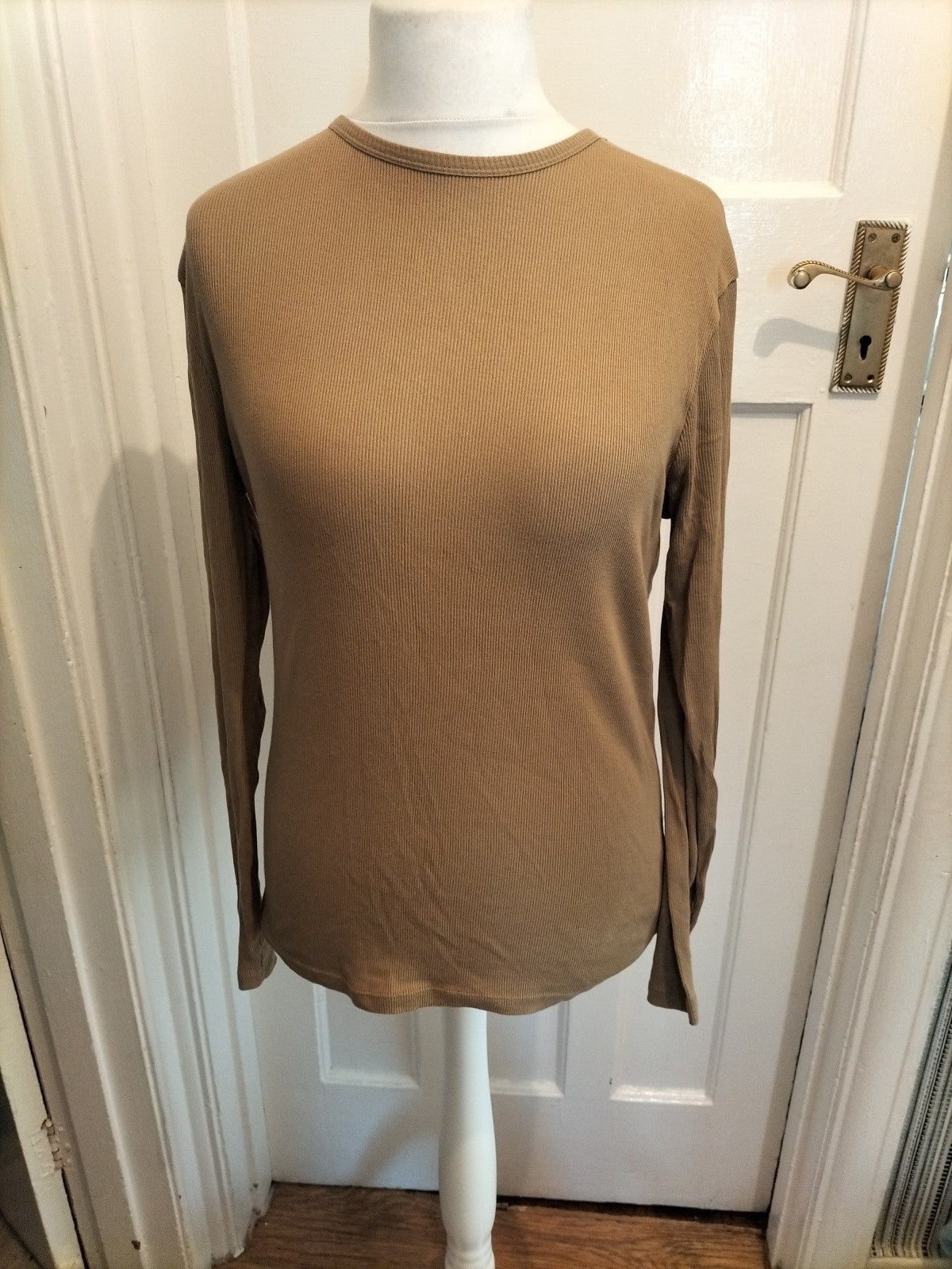 Mens River Island Size Small Slim Fit Beige Ribbed Long Sleeved Tshirt
