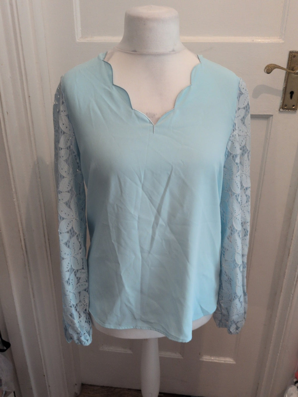 Medium Pale Blue Aqua Long Sleeve Floral Sleeve Blouse