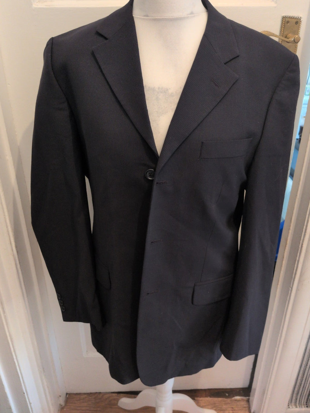 Karl Jackson 40R Wool With Lycra Pinstripe Black Suit Jacket