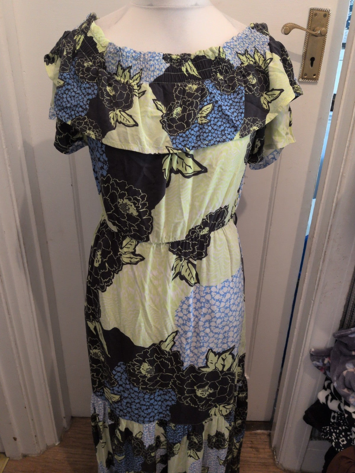 Ladies Next Size 12 Lime Green Black And Blue Long Length Floral Dress