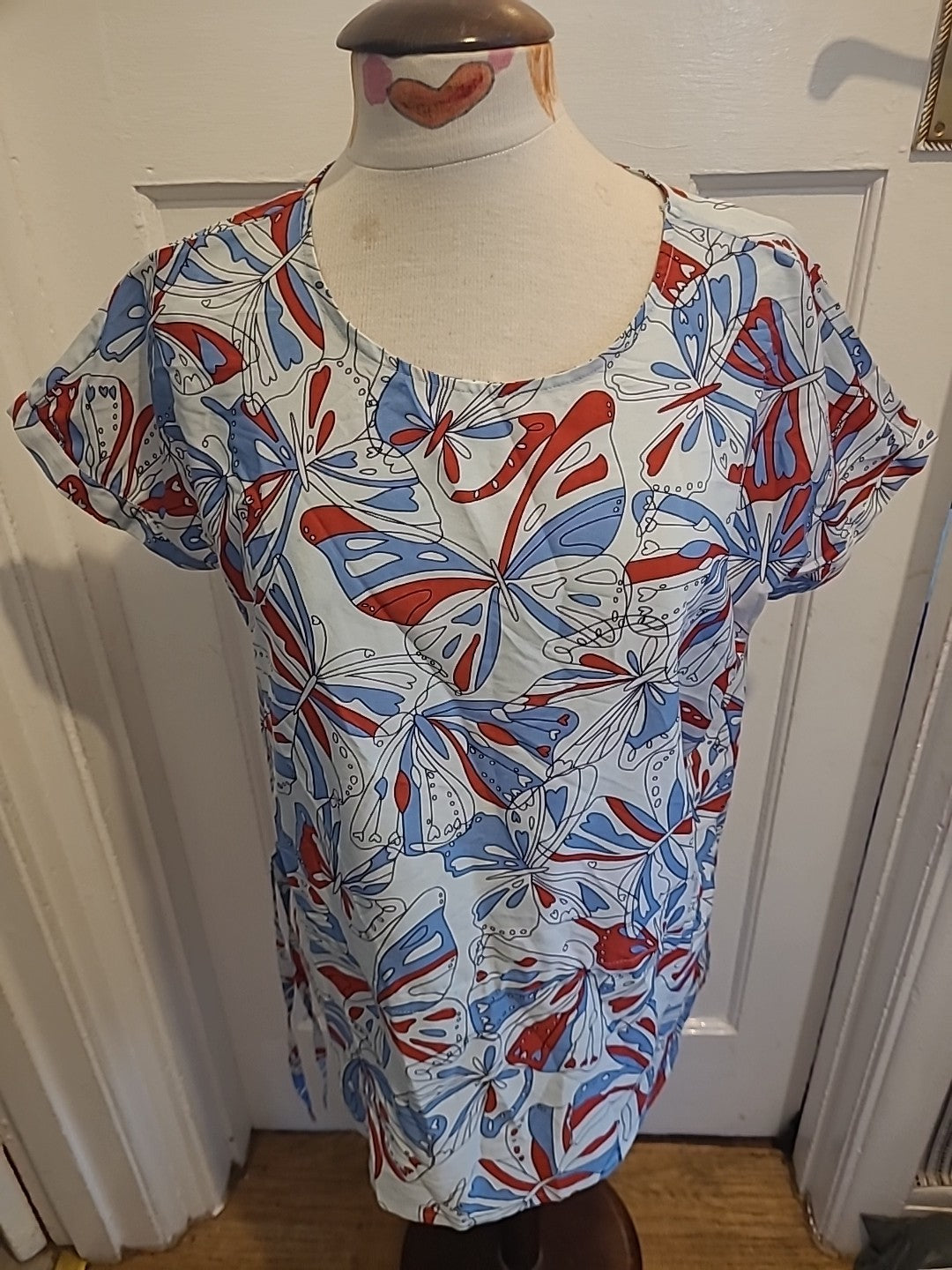 Ladies Peacocks Size 14 Blue White Red Butterfly Short Sleeved Blouse