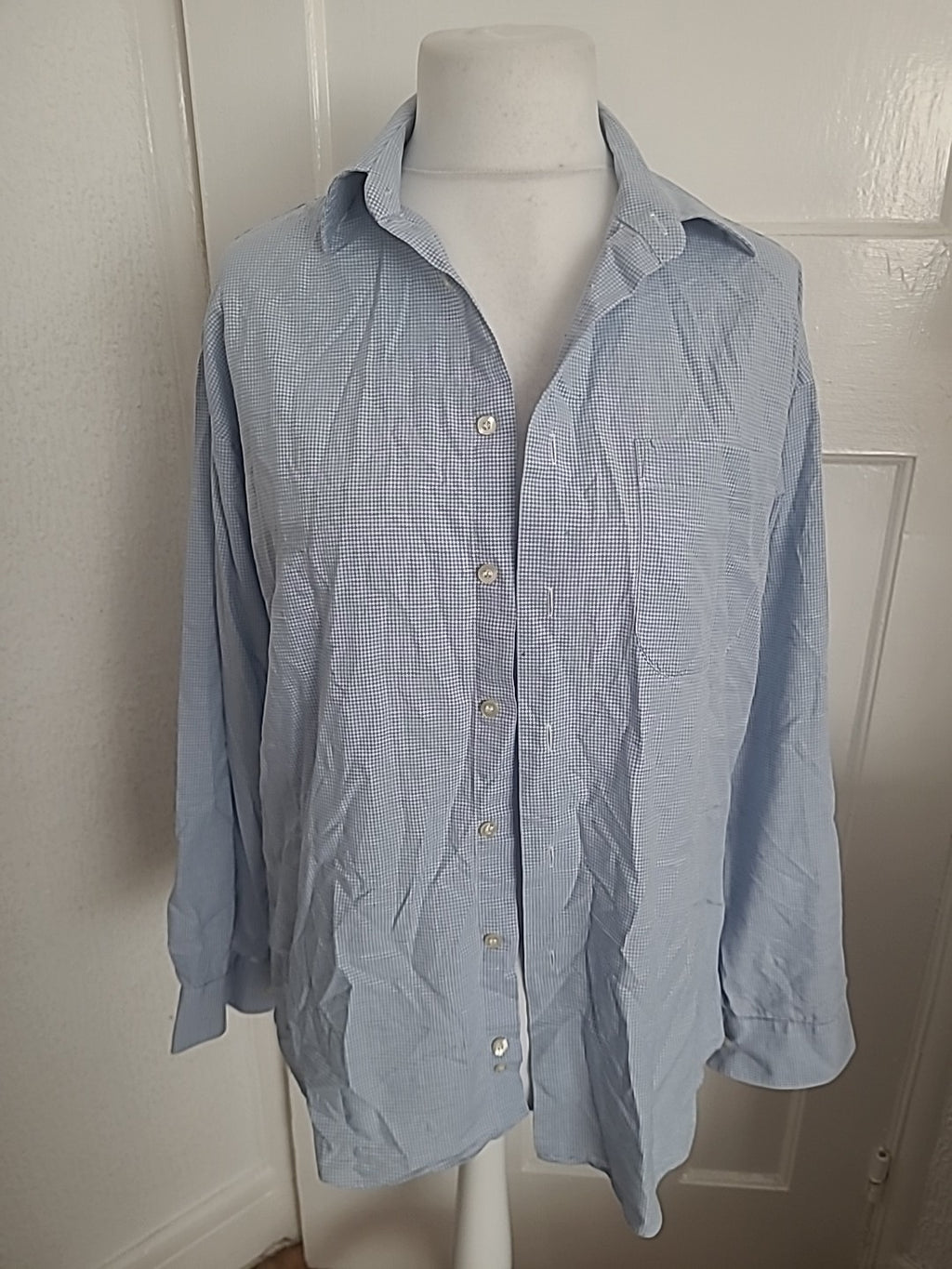 Men Marks And Spencer Size 15 1/2 Blue And White Check Long Sleeved Shirt