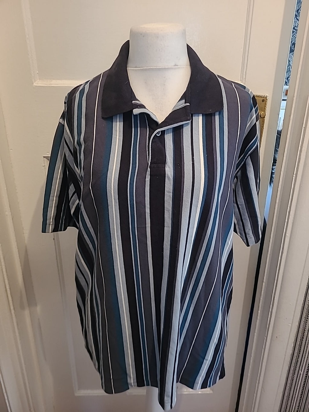 Mens Blue Harbour Size Large Navy Mix Striped Short Sleeved Polo Small Mark...