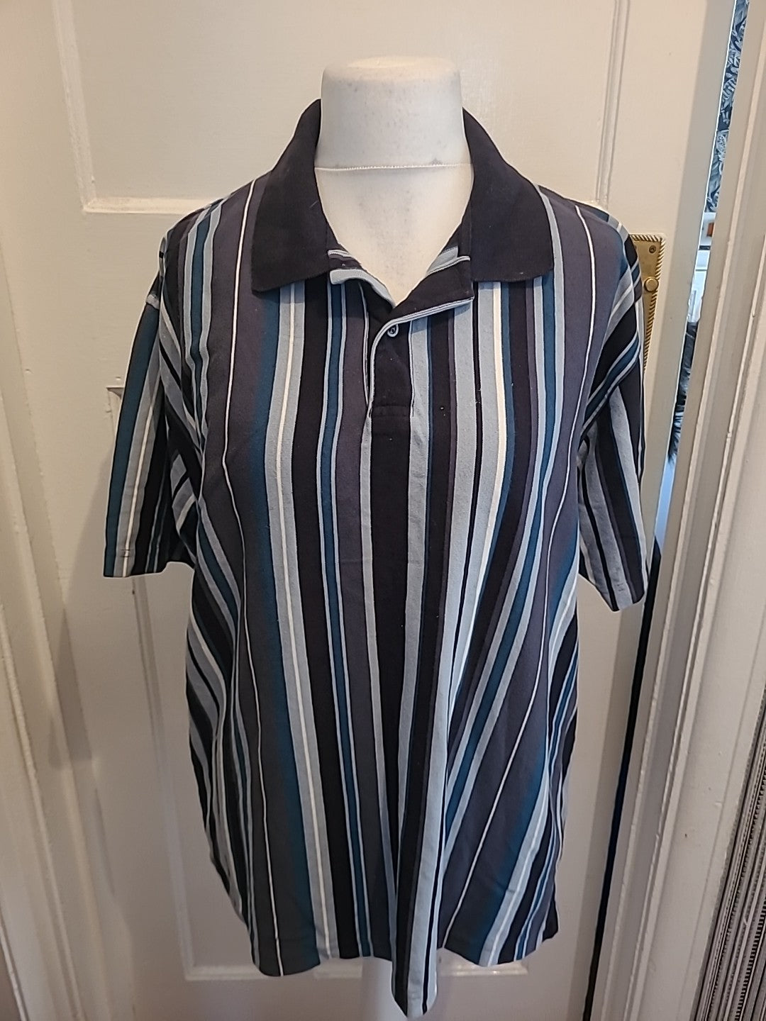 Mens Blue Harbour Size Large Navy Mix Striped Short Sleeved Polo Small Mark...