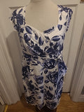 Ladies Libra Size 12 Navy Blue White Floral V Neck Sleeveless Dress