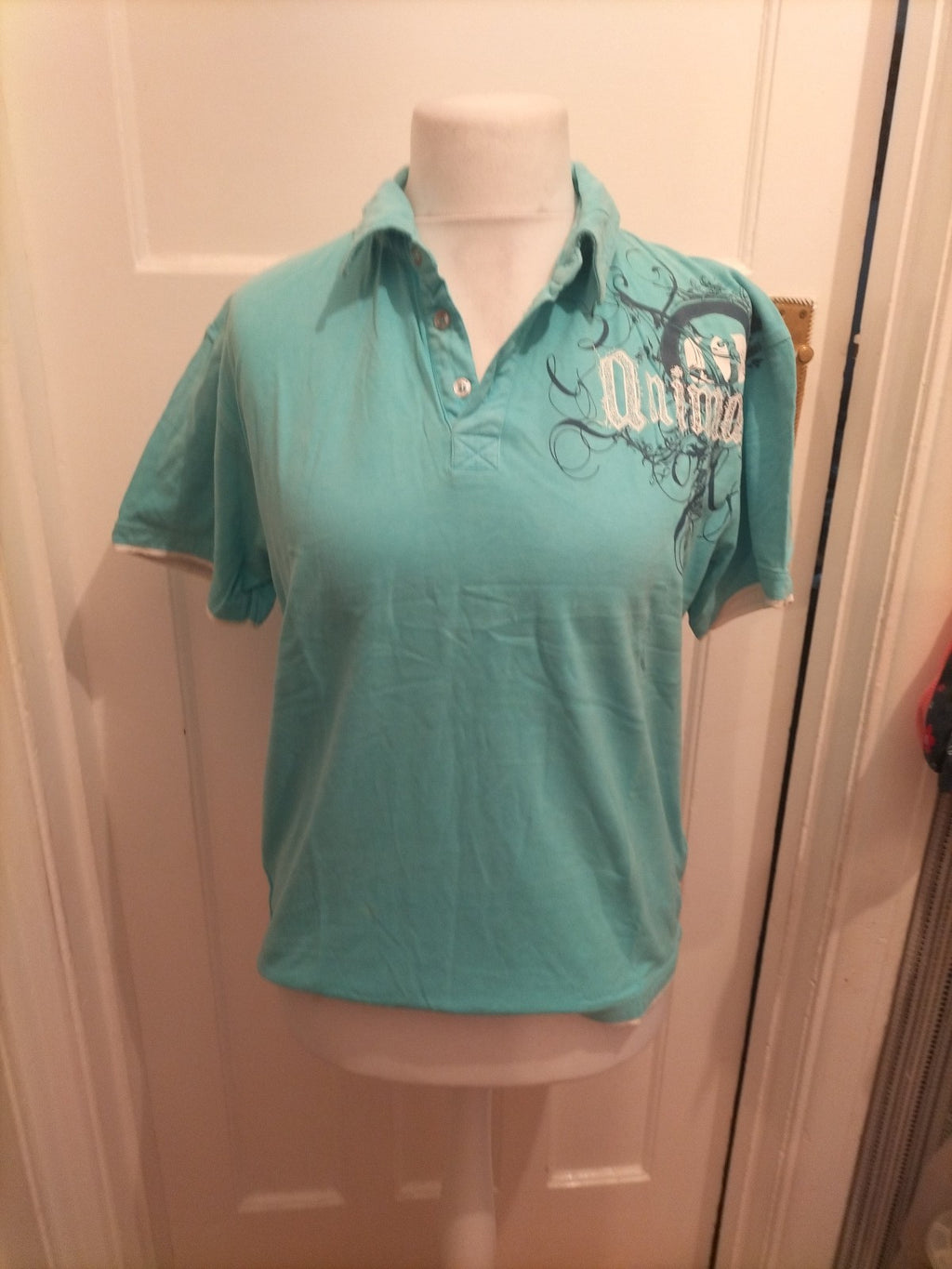Mens Animal Size M Turquoise Printed Short Sleeved Polo