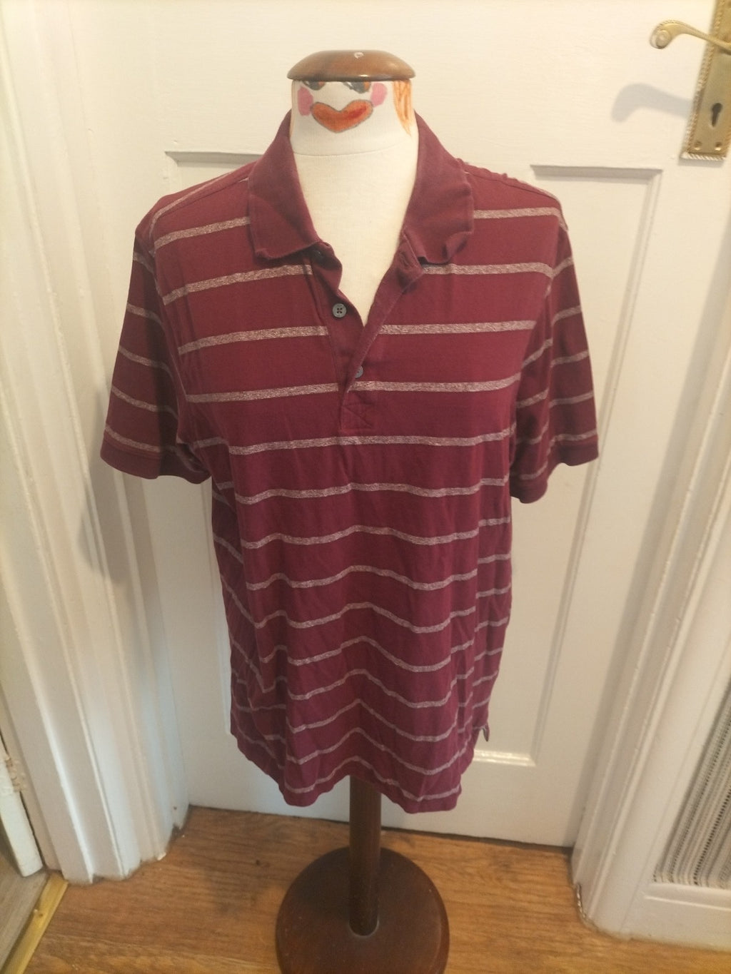 Mens Marks And Spencer Size Large Regular Fit Purple White Striped Short Sleeved