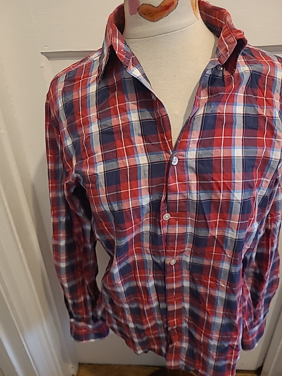 Mens Jack & Jones Size Small Red Navy Check Long Sleeve Shirt