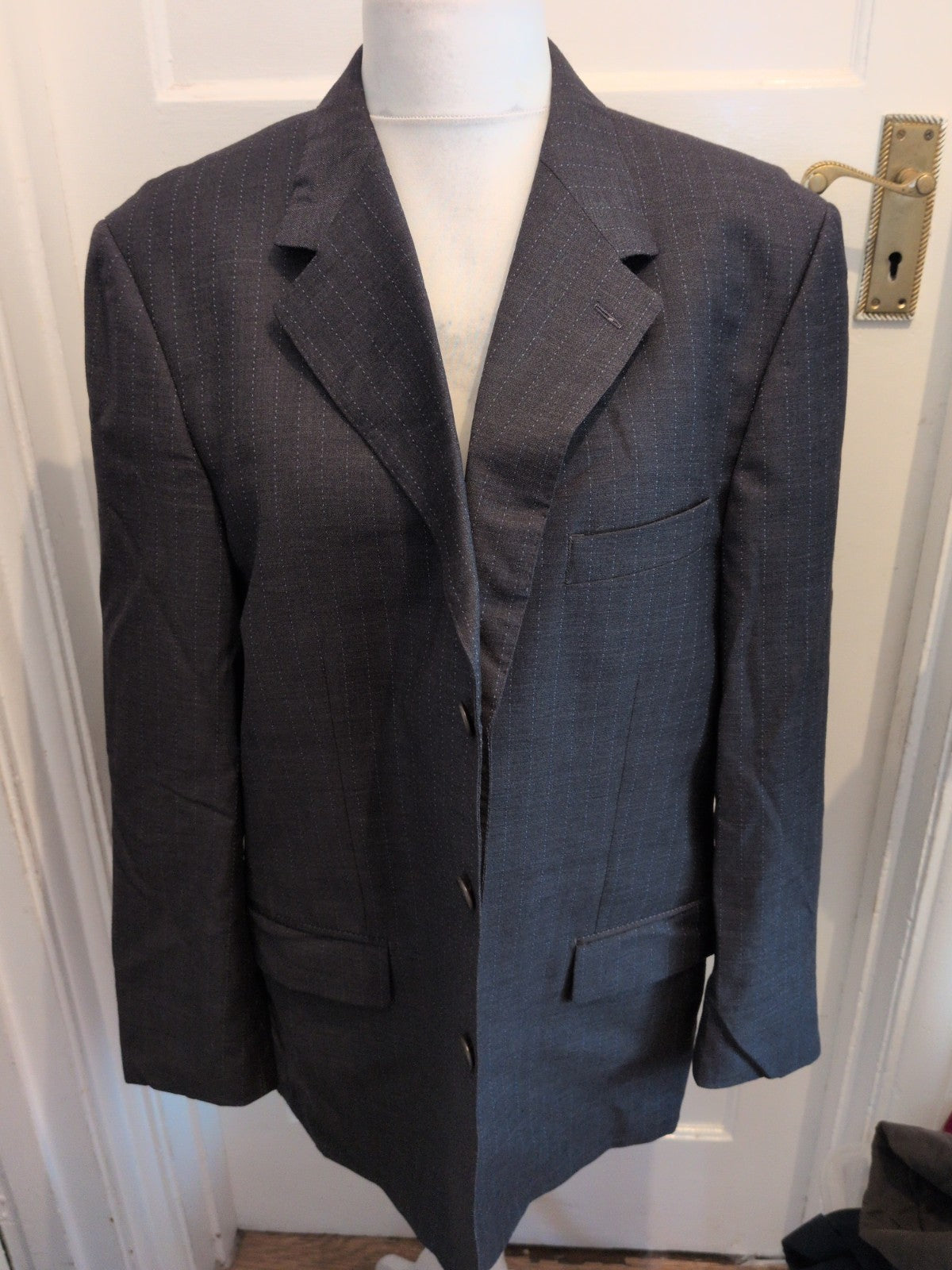 Hunts 44s Grey And Blue Stripe Suit Jacket