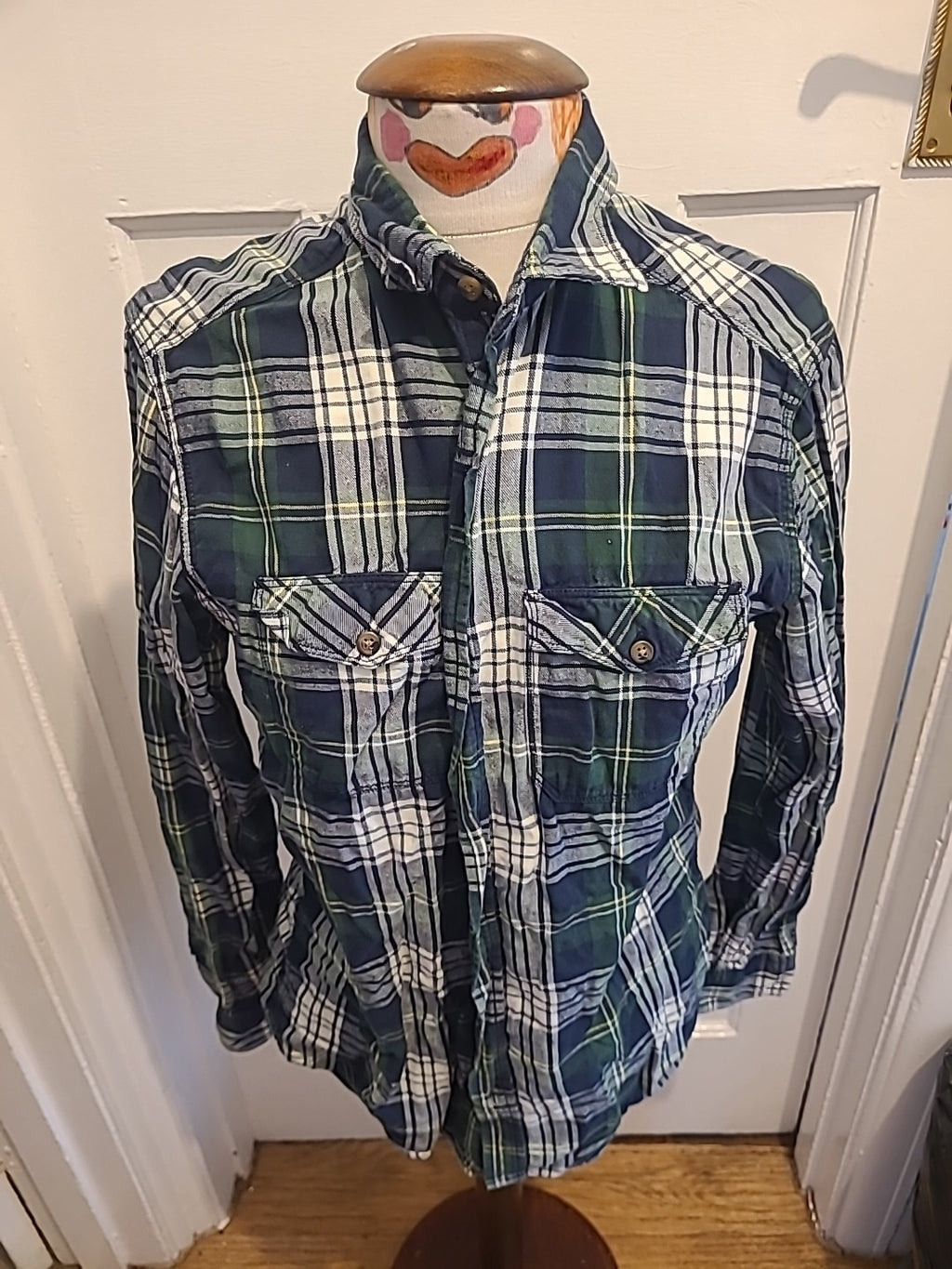 Mens Tu Size Medium Green/White/Yellow Check Long Sleeved Shirt