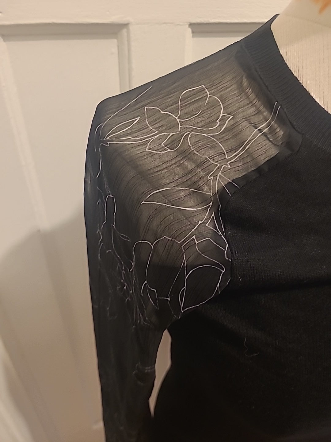 Ladies Next Size 8 Black With Grey See Through Sleeved Blouse