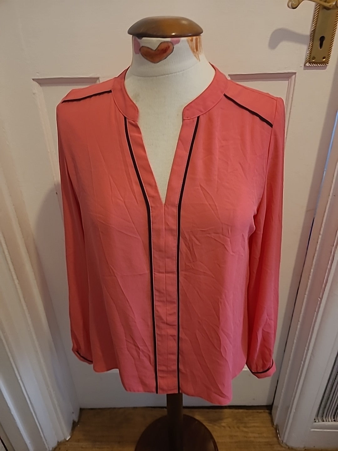 Ladies Primark Size 10 Pink With Black Trim Long Sleeved Blouse