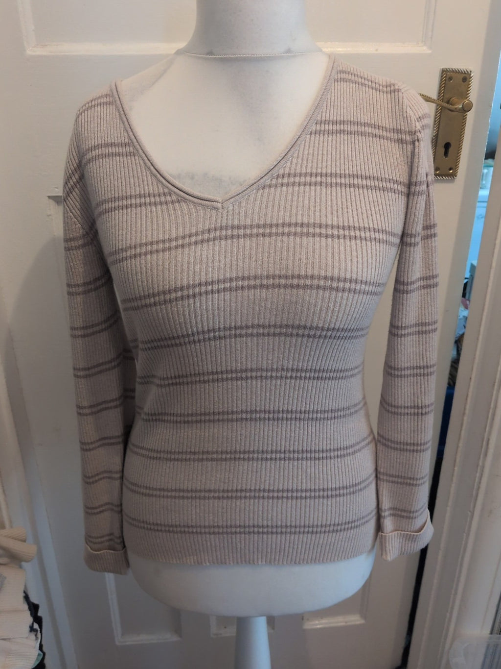 BHS 12 Neutral Stripe Jumper V Neck