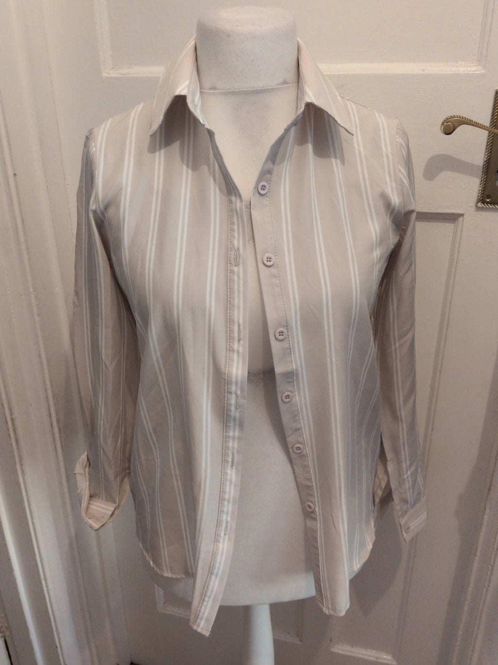 Shein Small Pale Beige And White Long Sleeve Buttoned Shirt