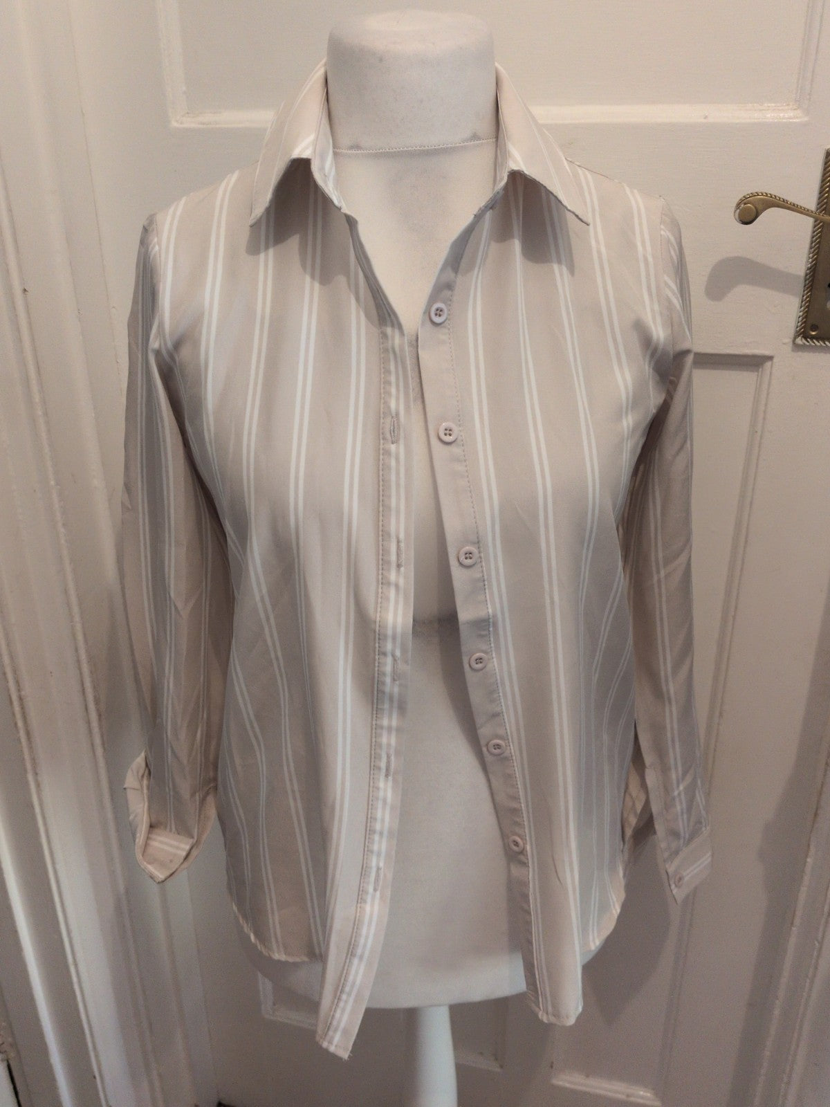 Shein Small Pale Beige And White Long Sleeve Buttoned Shirt