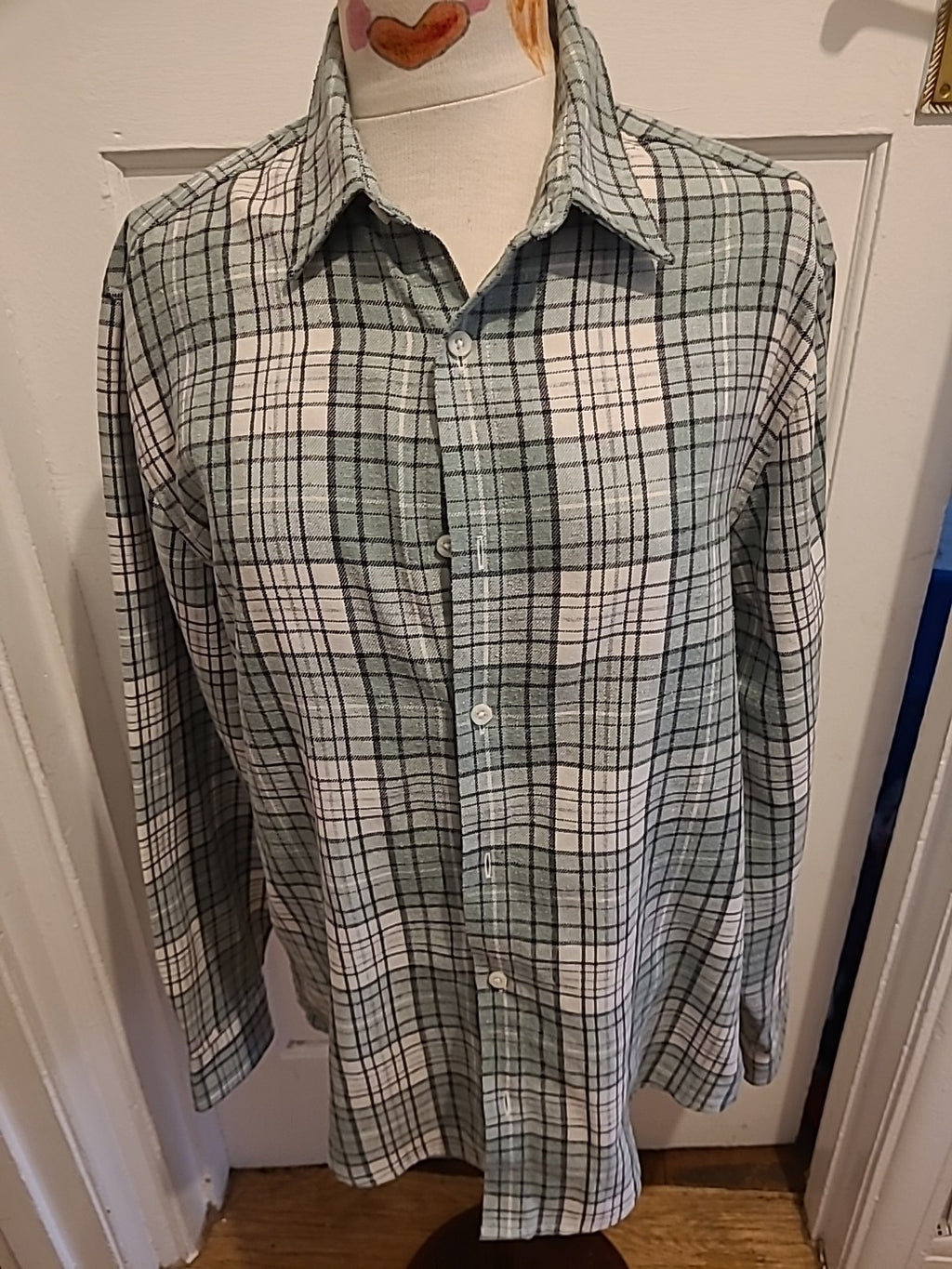 Mens Easy Size Medium Mint Green Check Long Sleeved Shirt