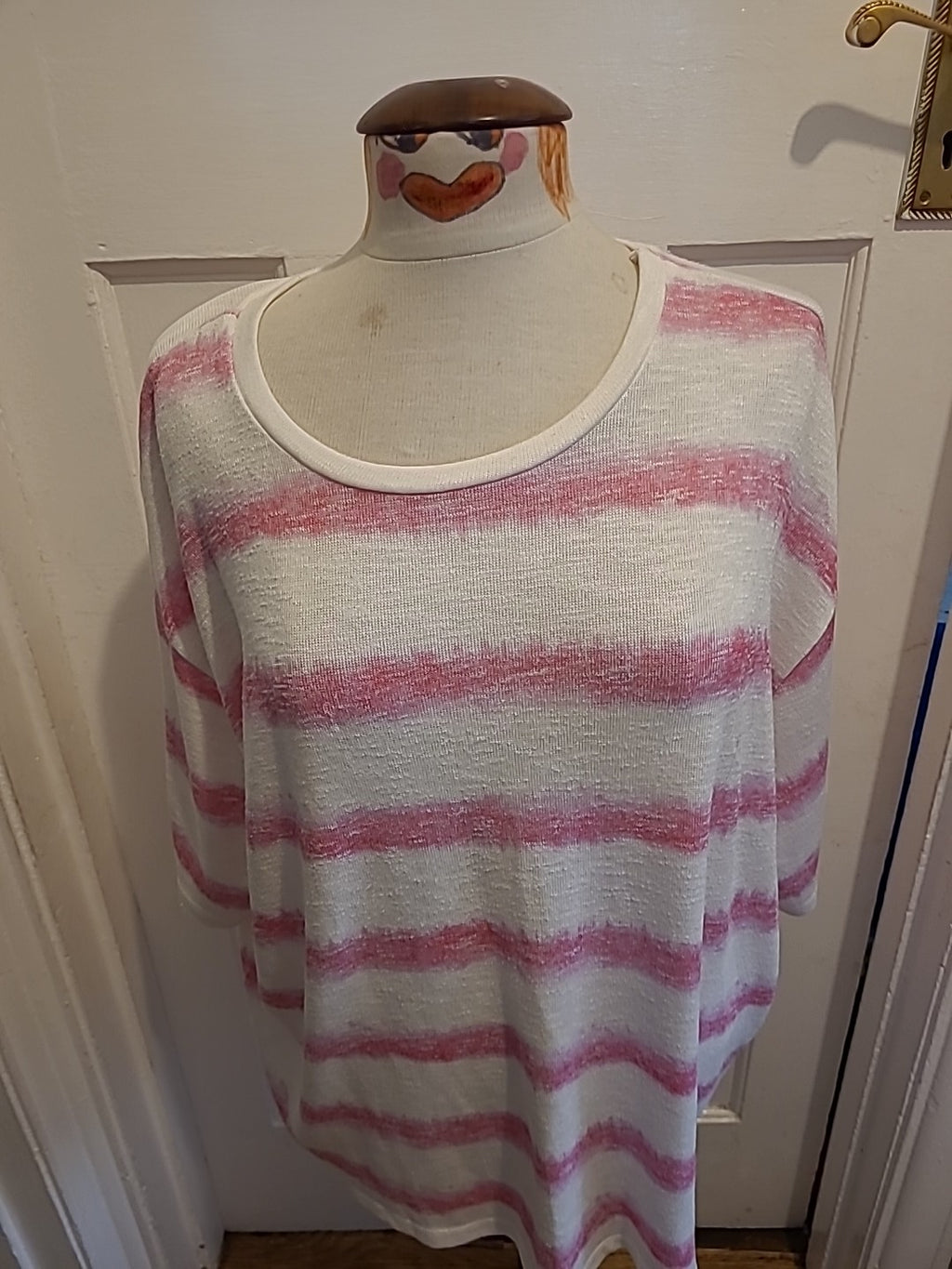 Ladies Size Large Pink/White Striped Short Sleeved Jumper Lightweight