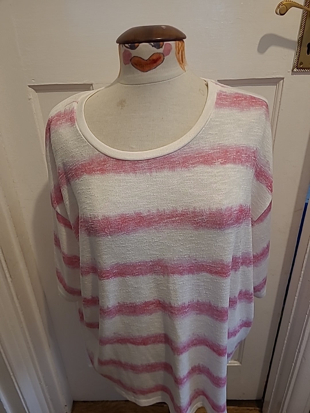 Ladies Size Large Pink/White Striped Short Sleeved Jumper Lightweight