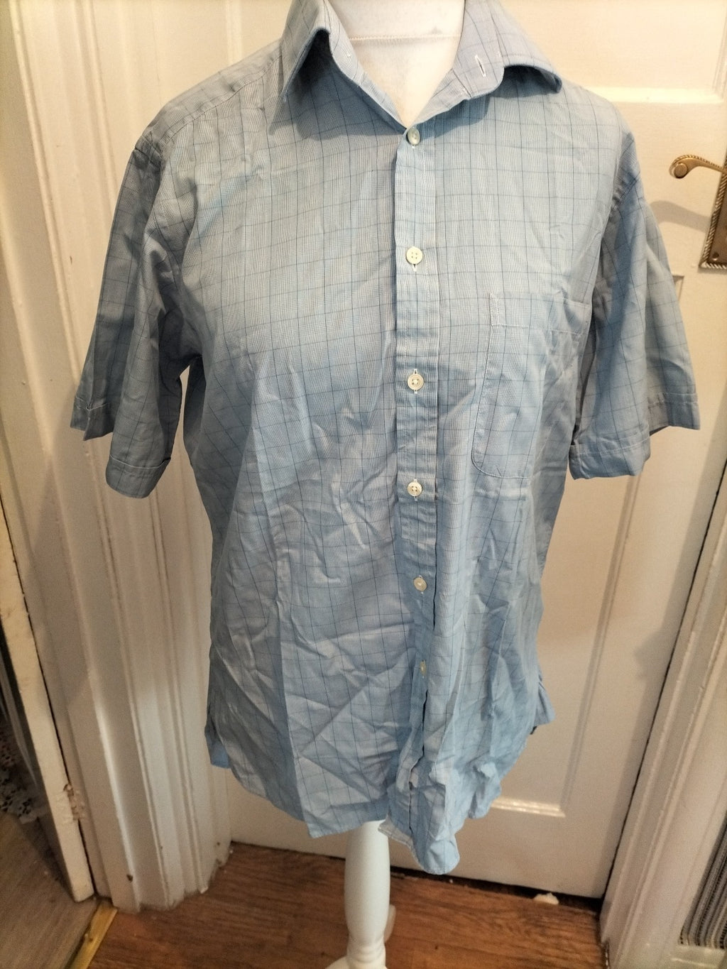 Mens Charles Tyrwhitt Size 15" Blue Check Short Sleeved Shirt