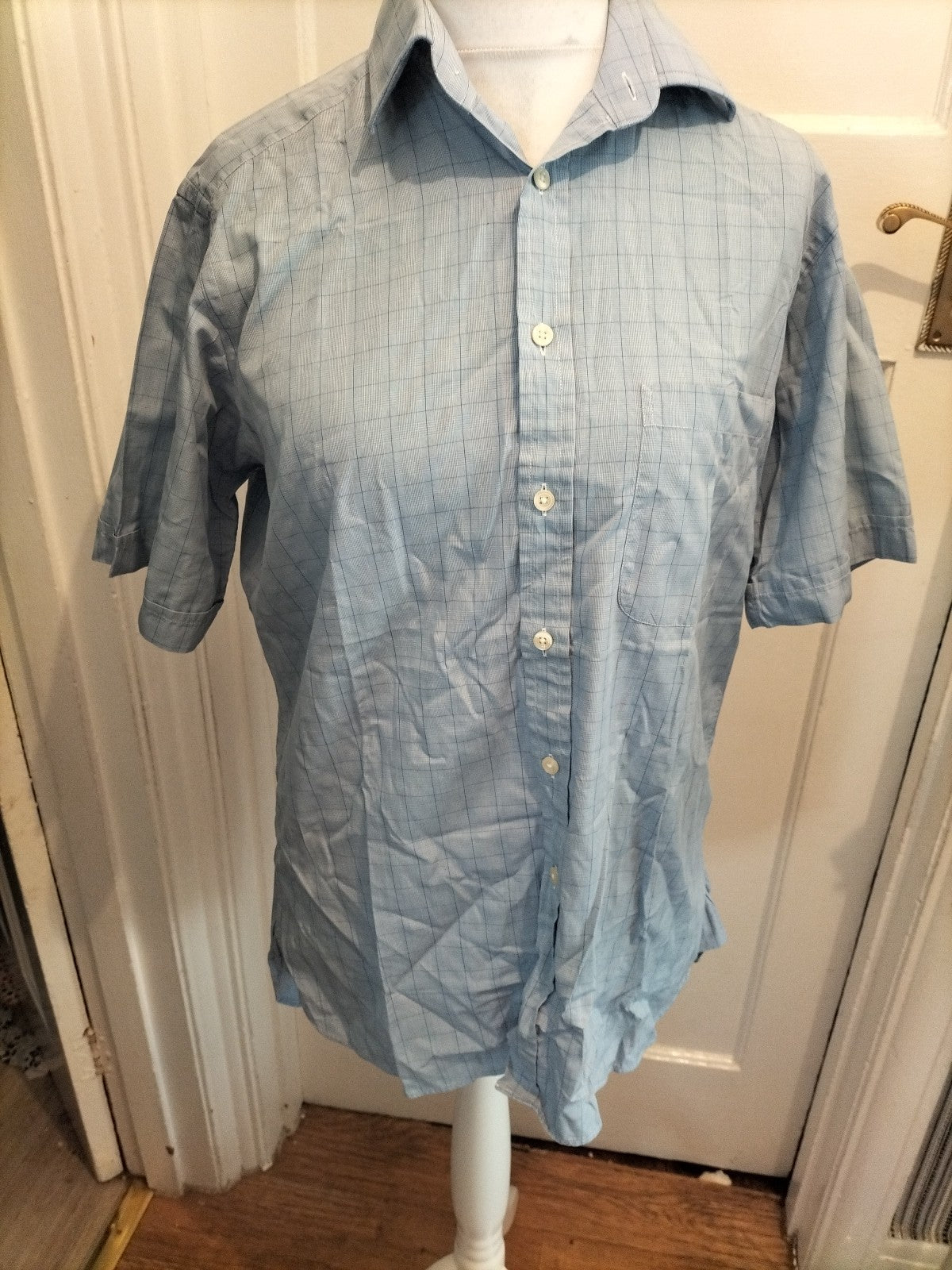 Mens Charles Tyrwhitt Size 15" Blue Check Short Sleeved Shirt