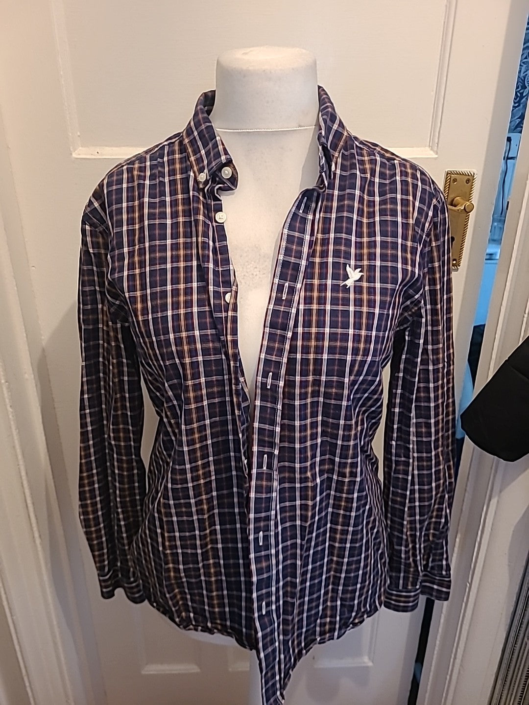 Mens George Size Large Navy/Beige Check Long Sleeved Shirt