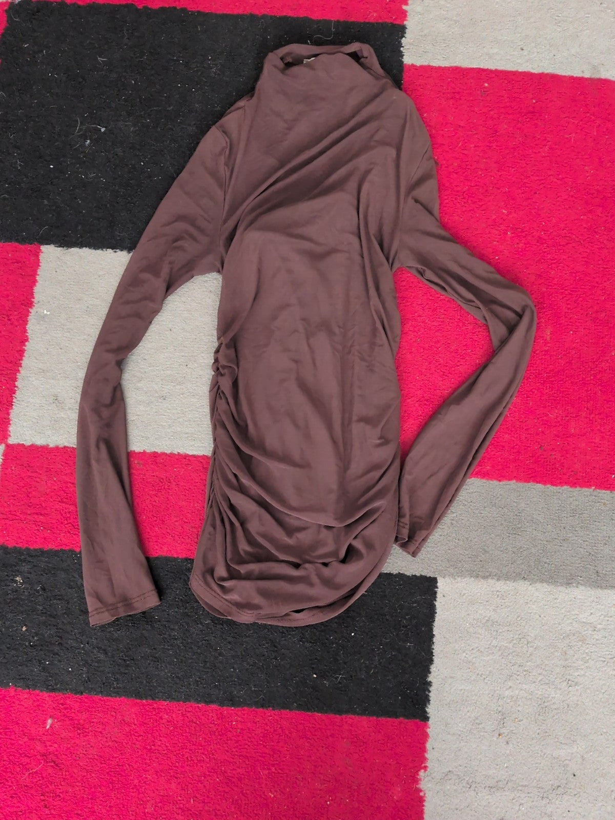 Ladies River Island Size 14 Brown Ruched Mesh And lined Long Sleeve Top