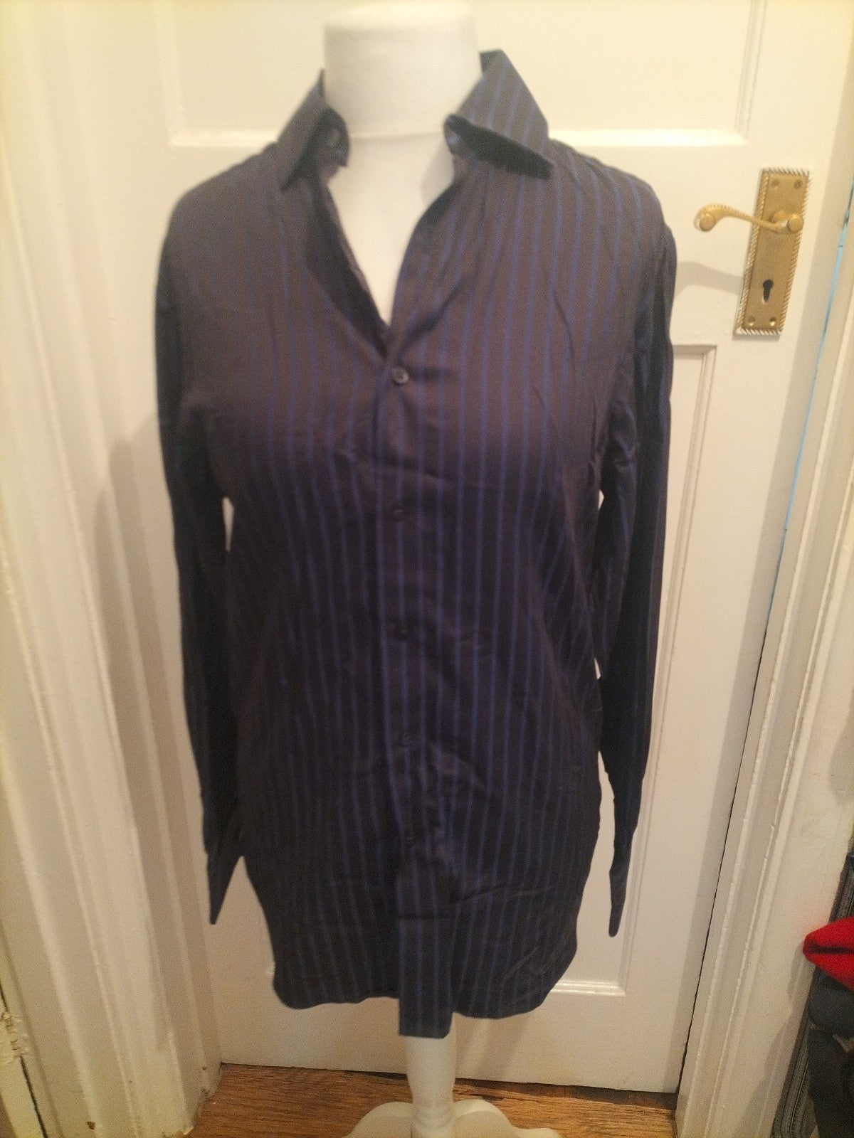 Mens St George By Duffer Size 15 Navy And Blue Striped Long Sleeve Shirt