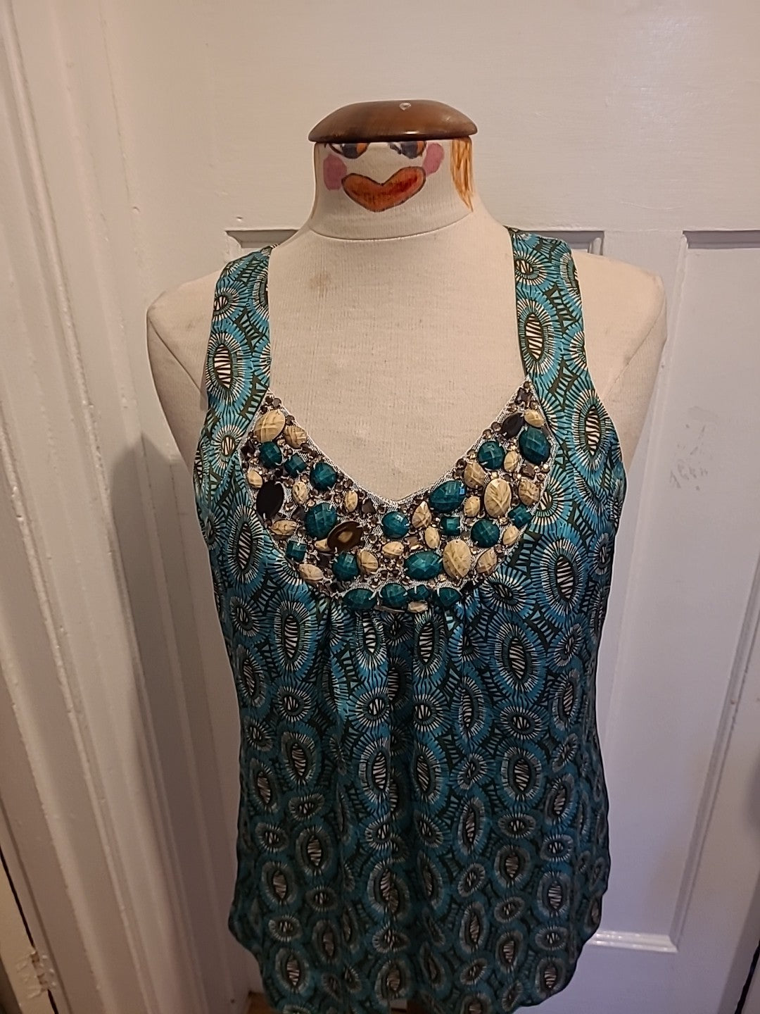 Ladies Wallis Size Small Turquoise Diamonte Sleeveless Blouse