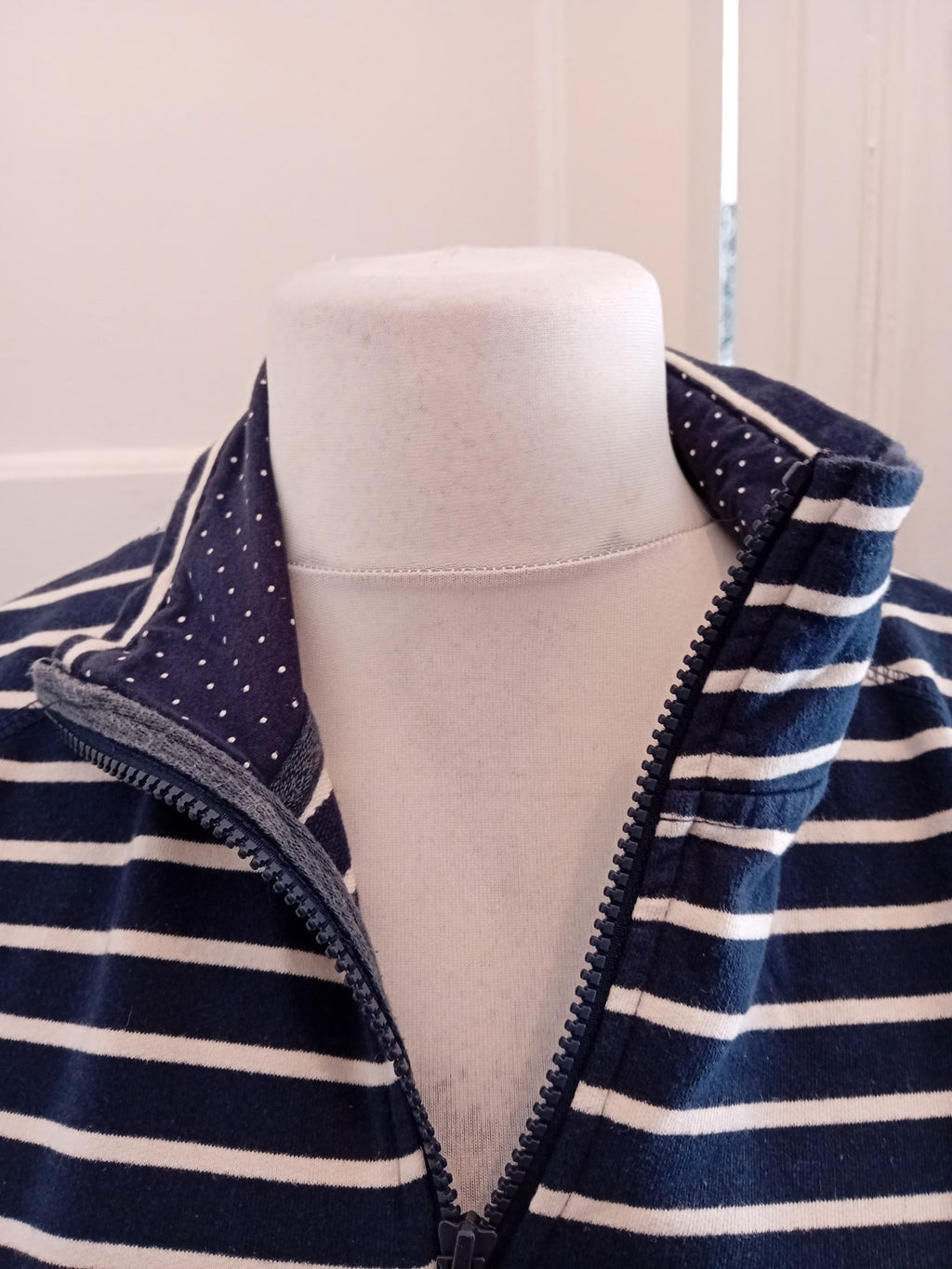 Ladies M&Co Size 12 Blue And White Striped Long Sleeve Small Zip Jumper
