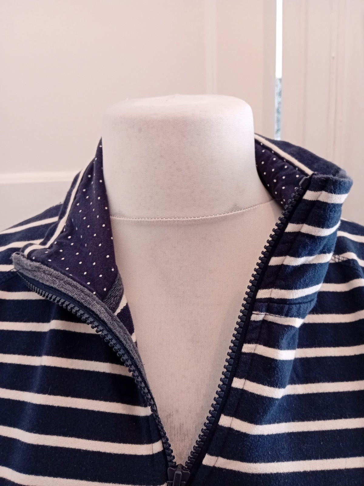 Ladies M&Co Size 12 Blue And White Striped Long Sleeve Small Zip Jumper