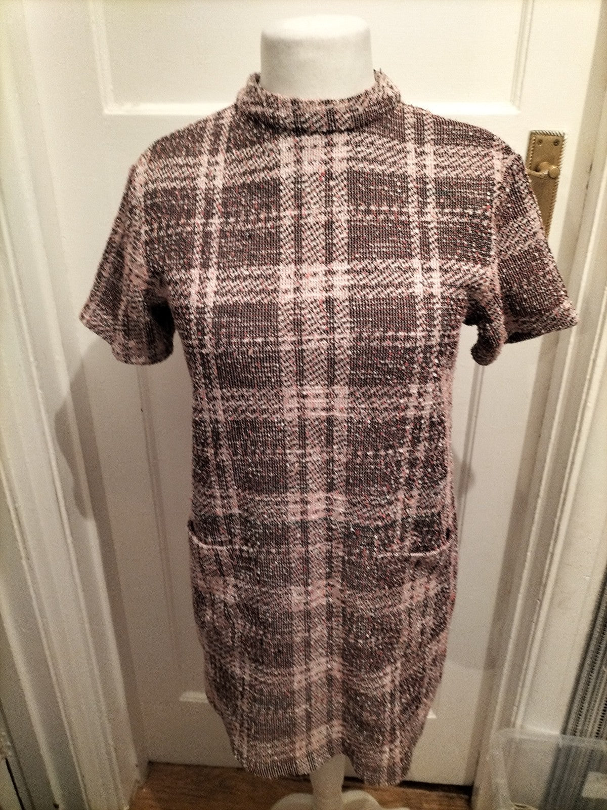 Ladies Next Size 12 Purple/Pink Check Short Sleeve Dress