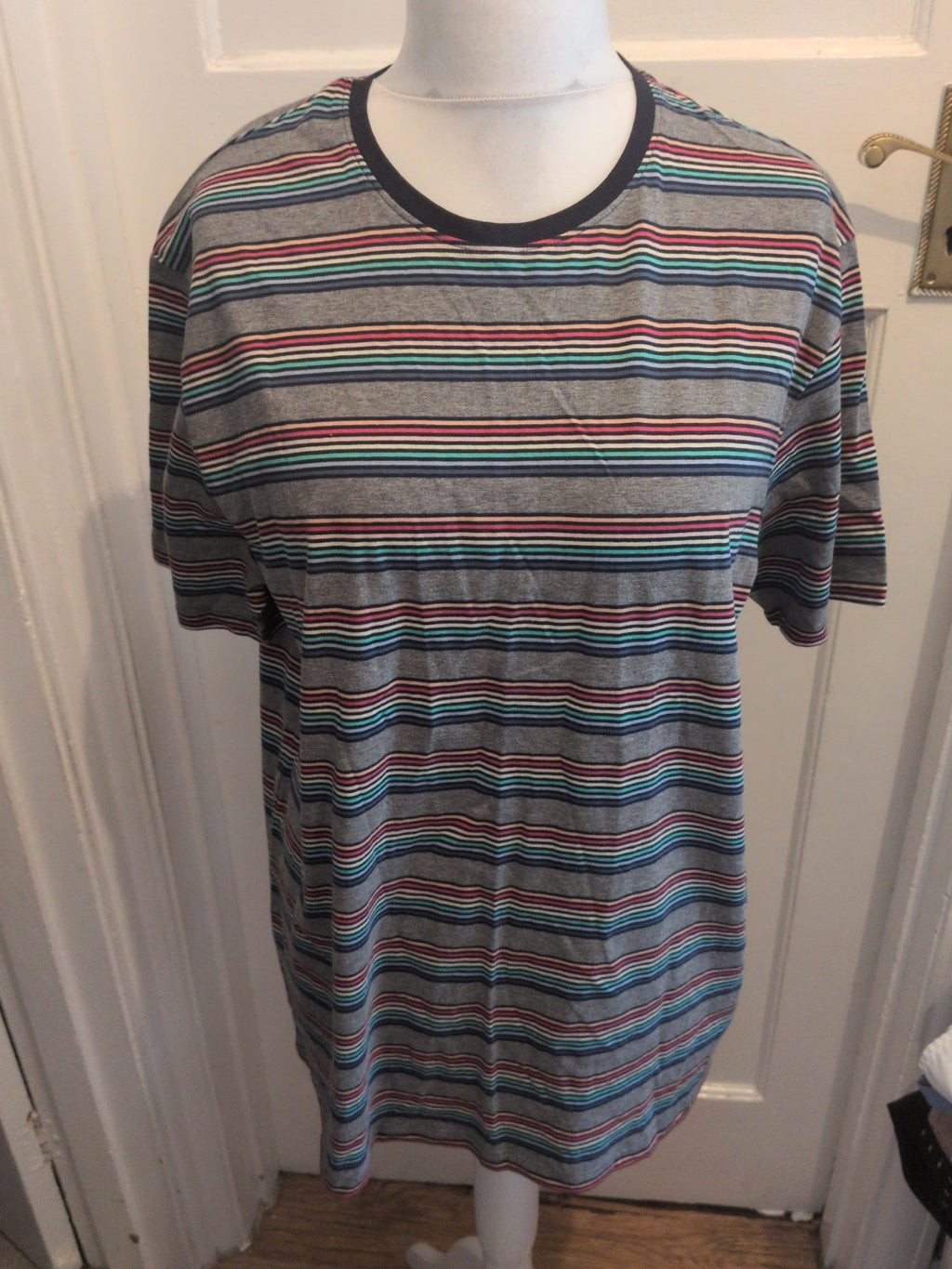 M&S Large Grey With Multicoloured Striped Short Sleeve Pyjama Top