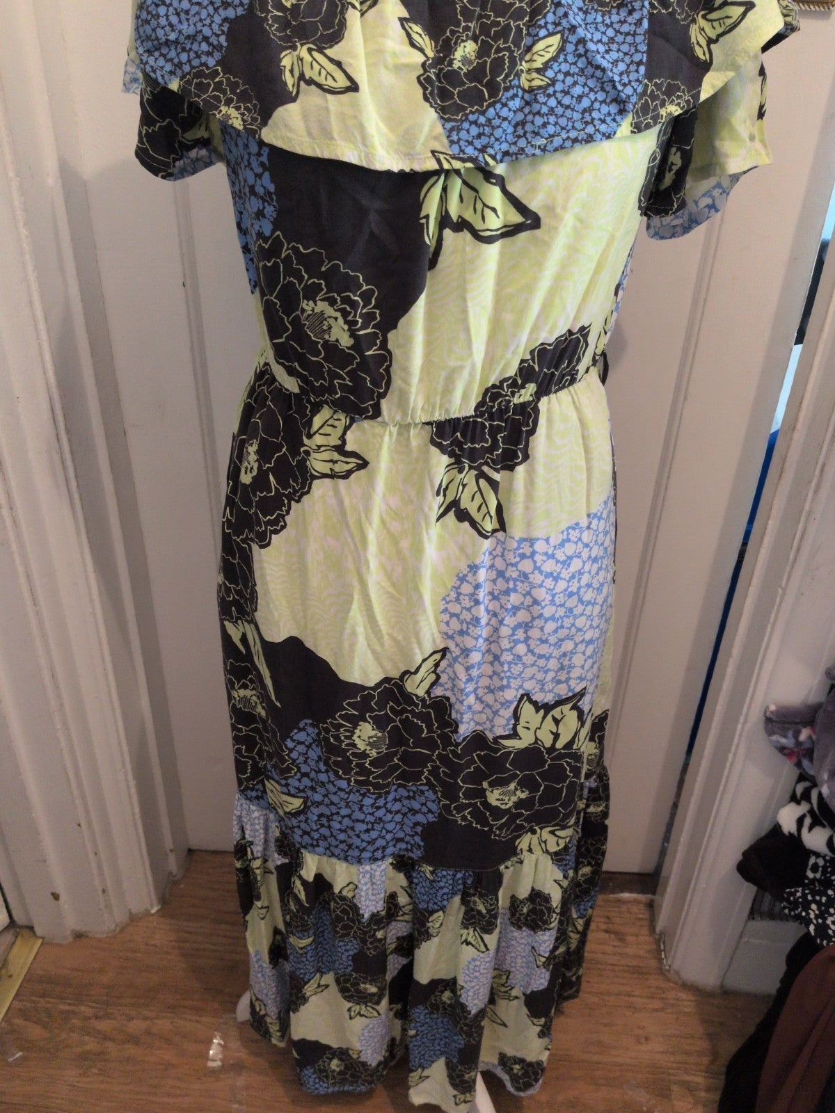 Ladies Next Size 12 Lime Green Black And Blue Long Length Floral Dress
