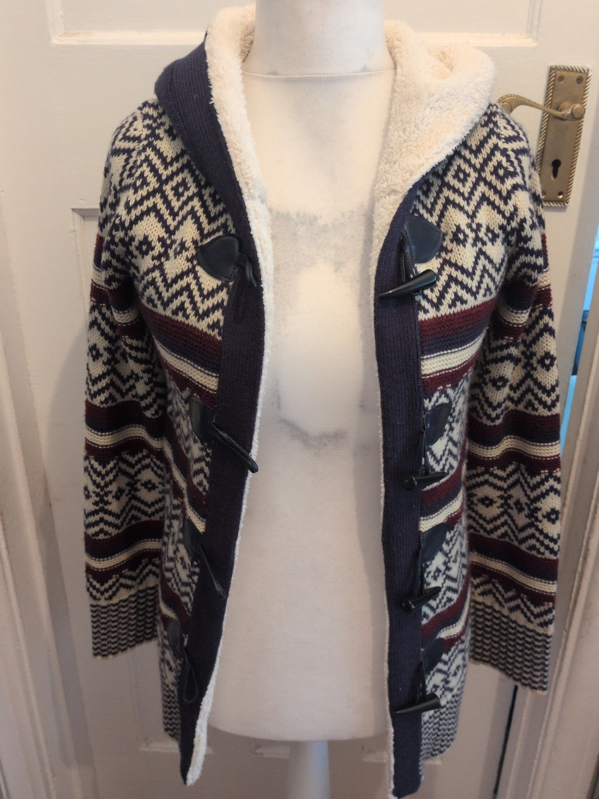 Ladies Beyou Size 8-10 Navy Patterned Hooded Cardigan Fleece Lined