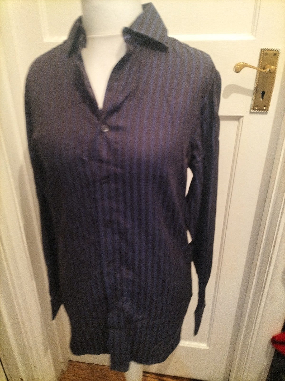 Mens St George By Duffer Size 15 Navy And Blue Striped Long Sleeve Shirt