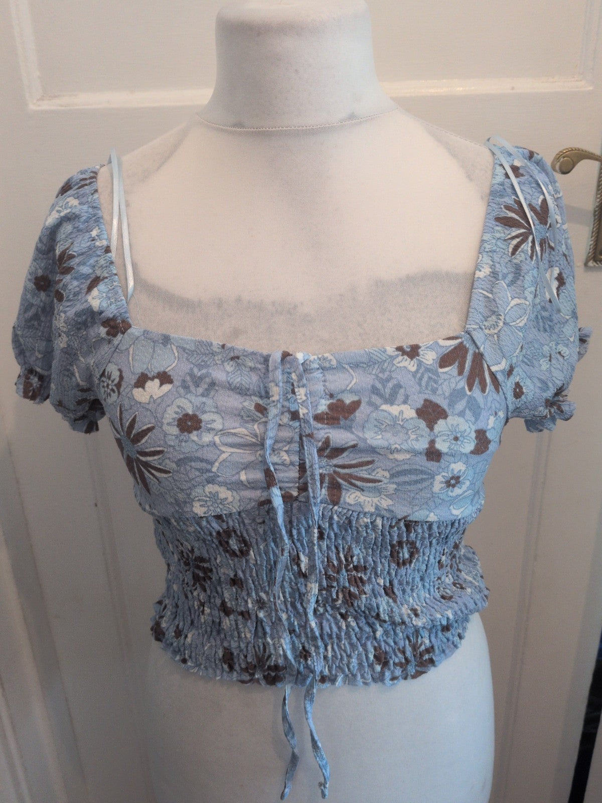 Primark 12-14 Blue And Brown Short Sleeve Crop Top