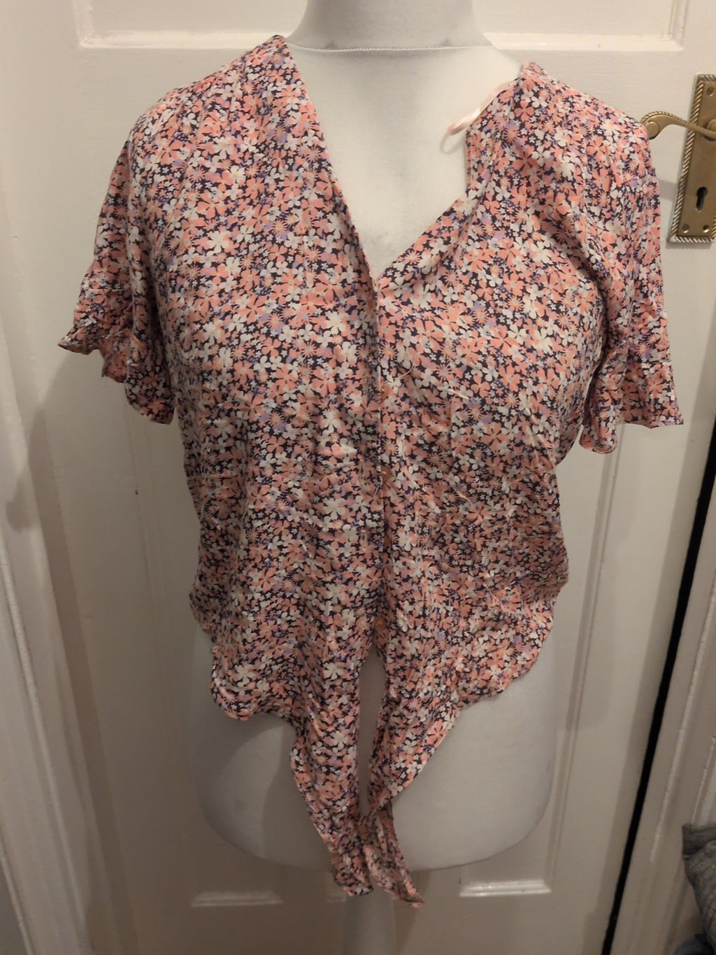 George 10 Pink Floral Front Tie Short Sleeve Blouse