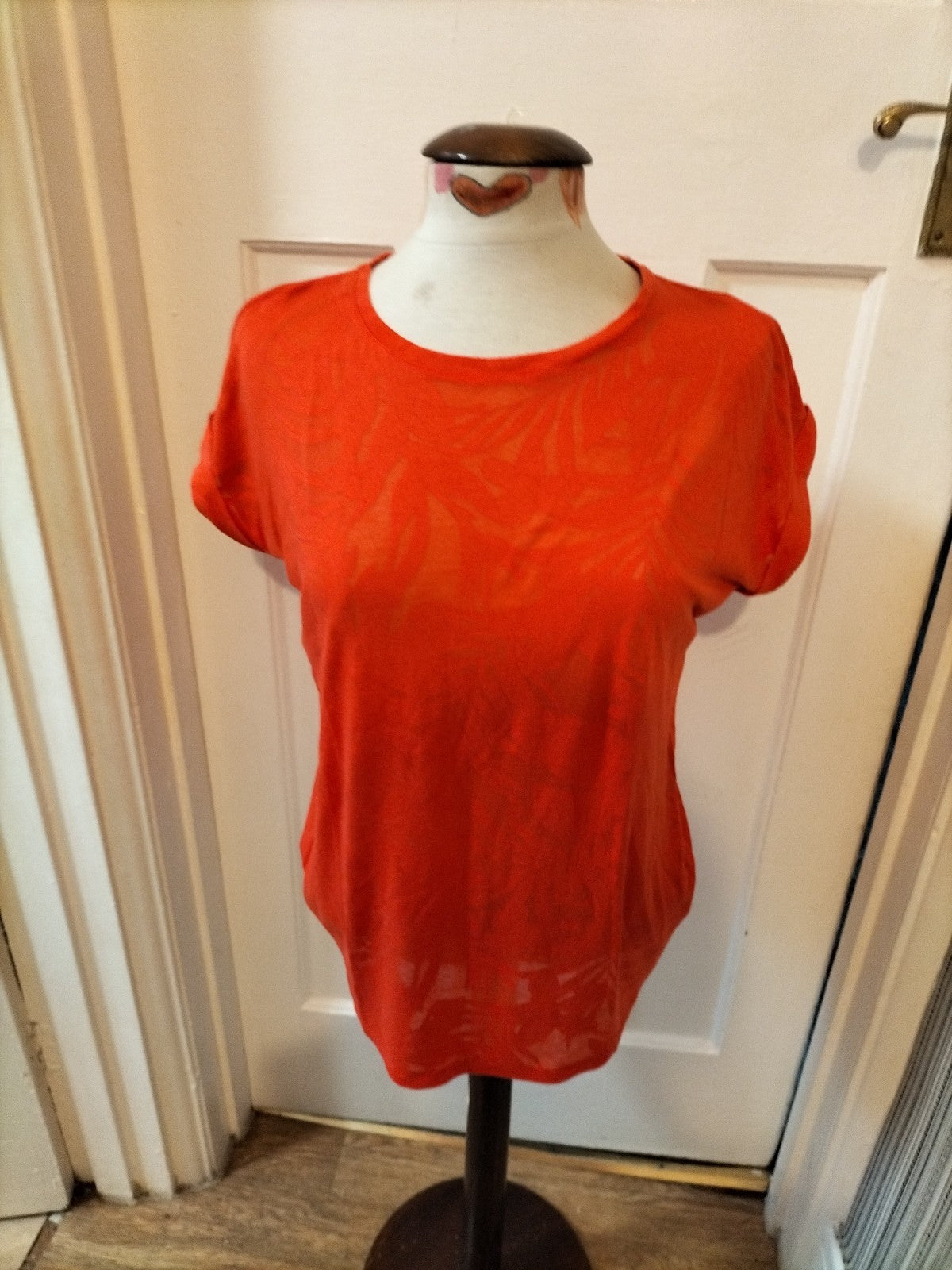 Ladies F&F Size 10 Hot Orange Floral Short Sleeved Tshirt