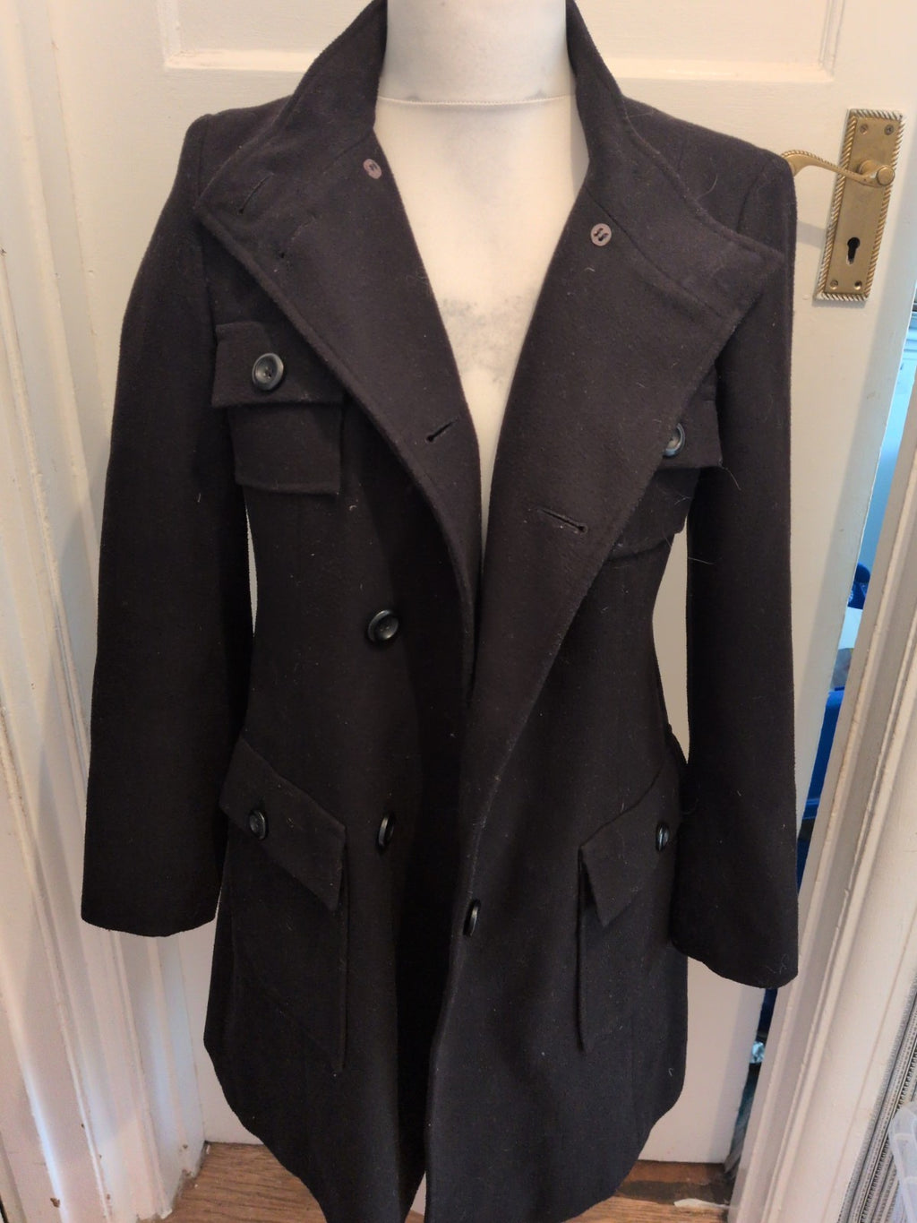 Marks And Spencer 10 Black Lined Jacket Long Length Buttoned