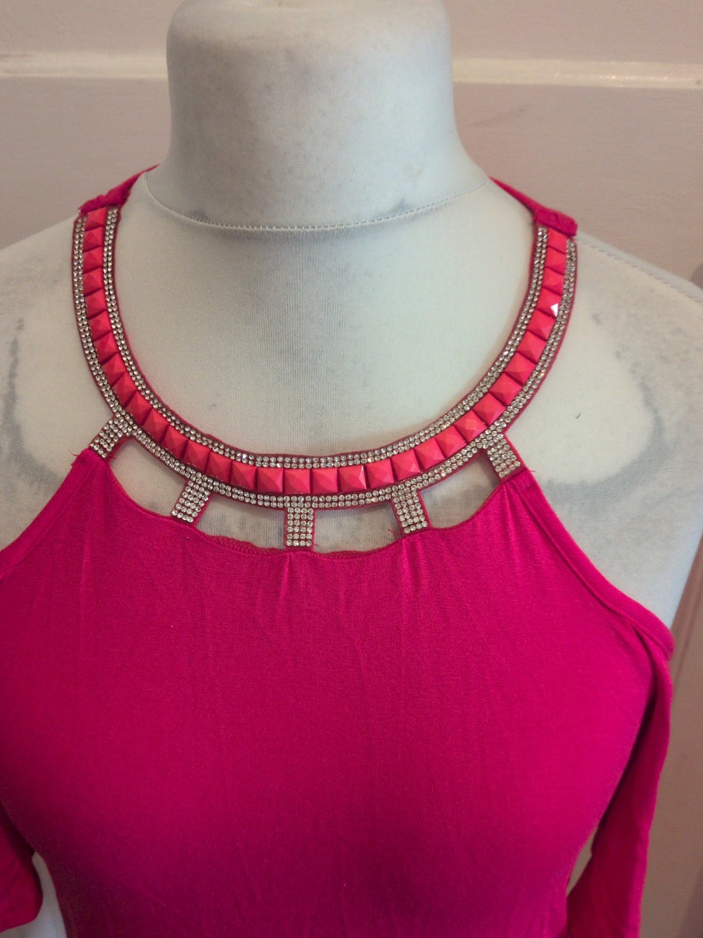Ladies George Size 10 Hot Pink With Silver Diamante Rigid Neck T-shirt Short...