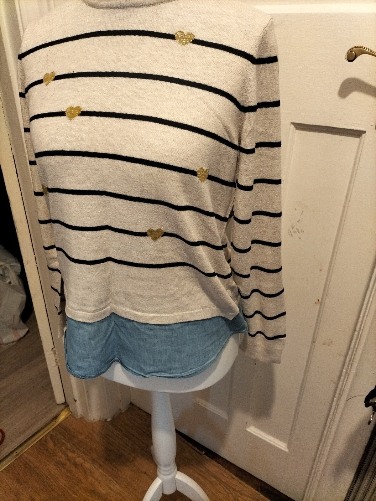 Ladies George Size 10 Black Striped With Blue Hem Long Sleeved Pullover Jumper