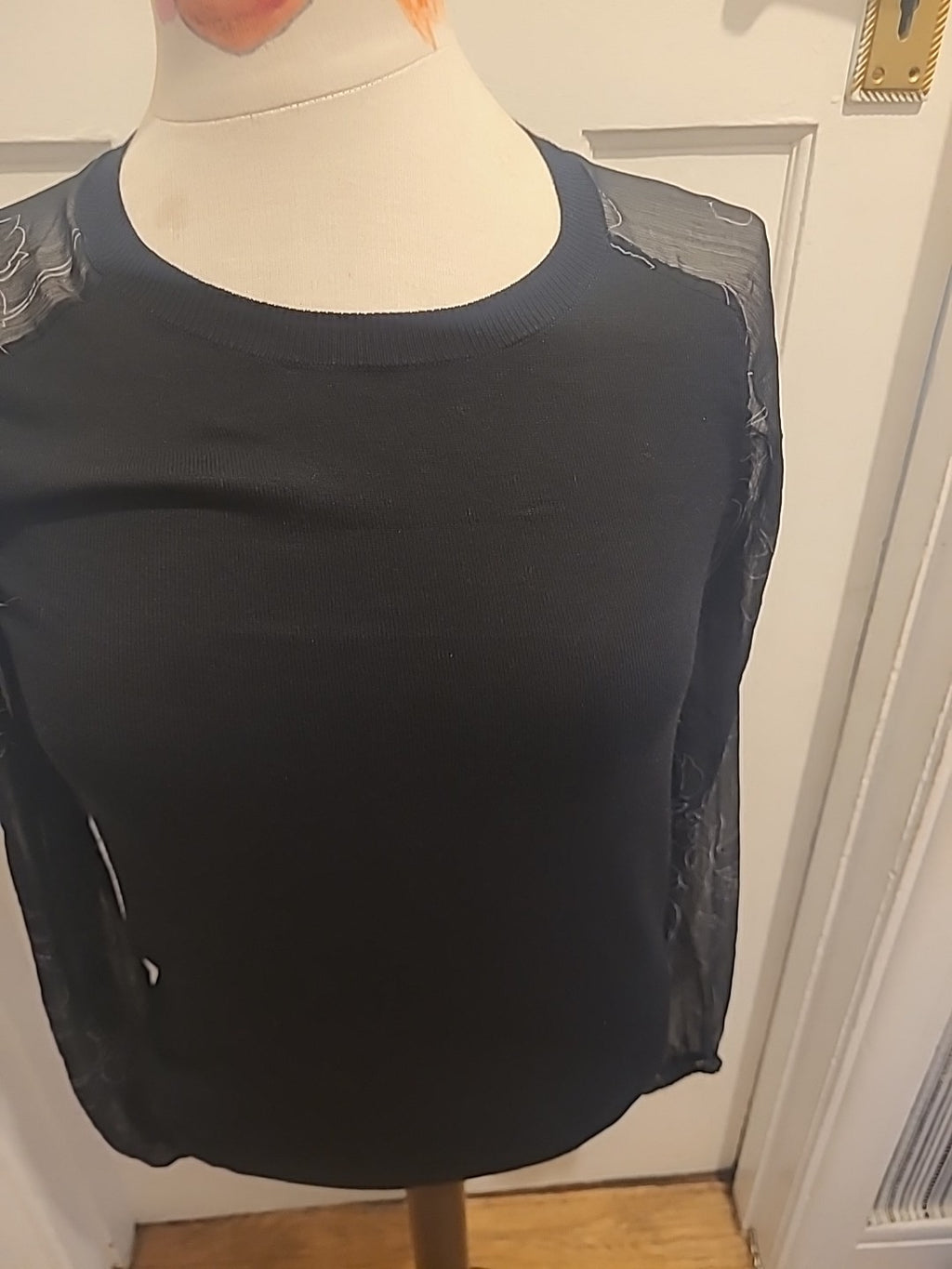 Ladies Next Size 8 Black With Grey See Through Sleeved Blouse