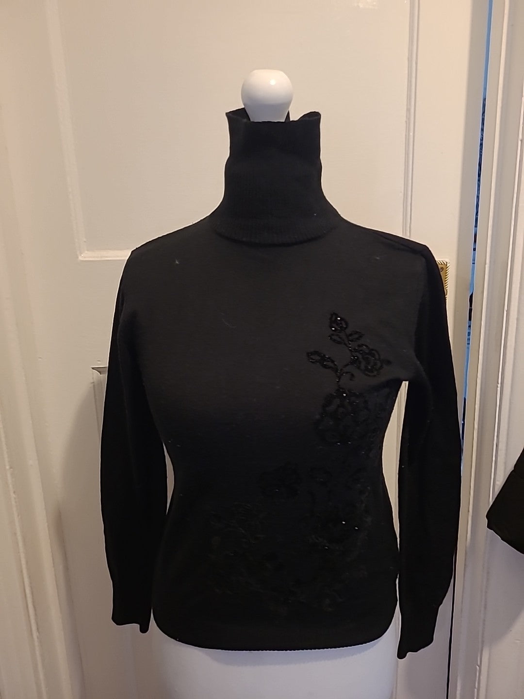 Ladies Marks And Spencer Size 12 Black Floral Rool Neck Jumper